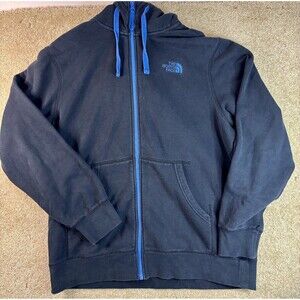 Rare North Face Jacket Men Large Black Blue Logo Spell Out Full Zip Hoodie